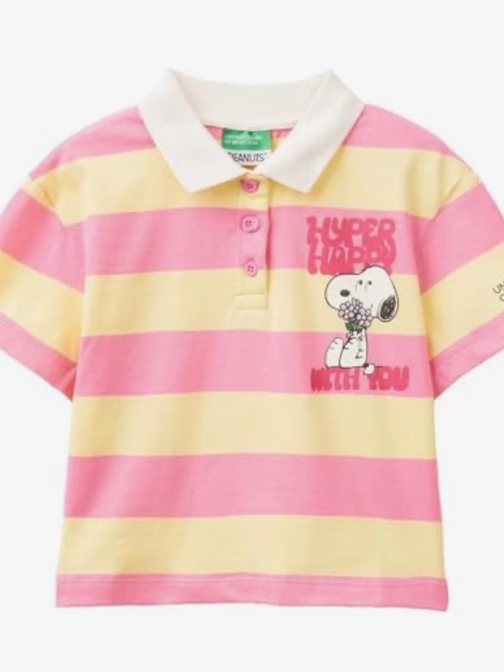 Peanuts Snoopy Striped Crop Polo Shirt United Colors of Benetton Pink & Yellow